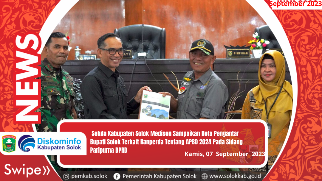 Sekda Kabupaten Solok, Medison Sampaikan Nota Pengantar Bupati Solok Terkait Ranperda Tentang APBD 2024 Pada Sidang Paripurna DPRD