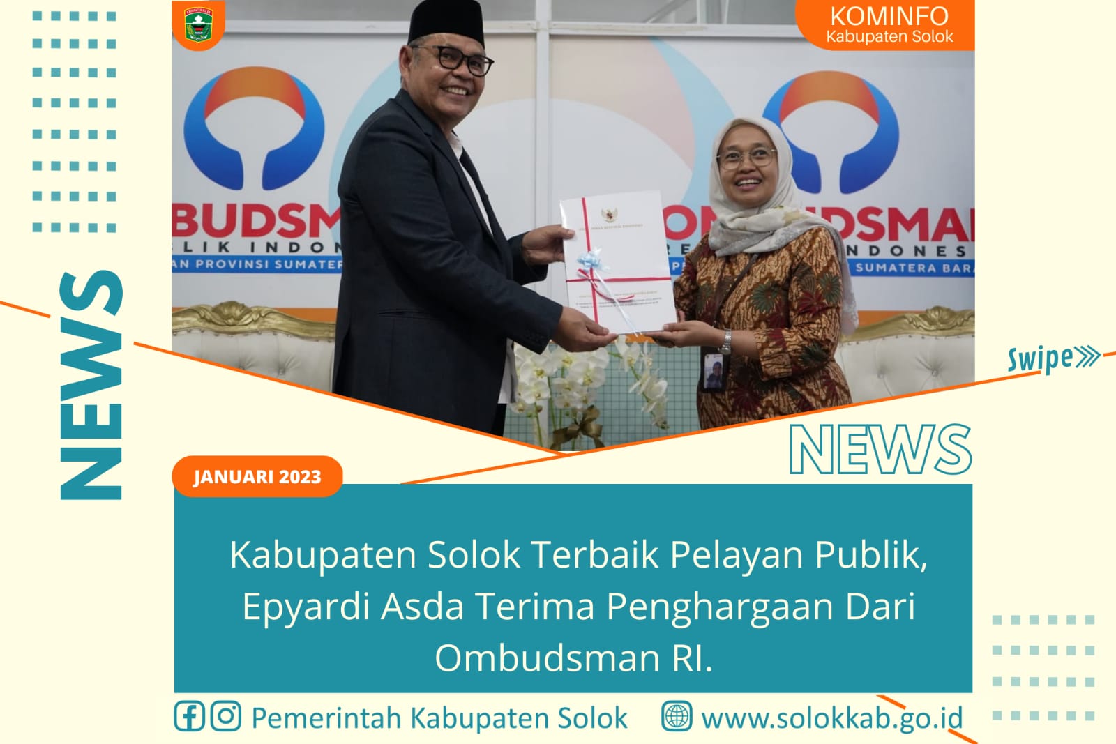  Kabupaten Solok Terbaik Pelayan Publik, Bupati Epyardi Asda Terima Penghargaan dari Ombuds RI. 