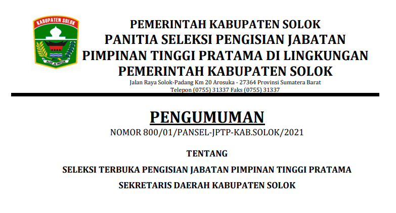 Seleksi Terbuka Pengisian Jabatan Pimpinan Tinggi Pratama Sekretaris Daerah Kabupaten Solok