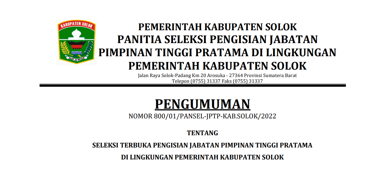 Seleksi Terbuka Pengisian Jabatan Pimpinan Tinggi Pratama  Di Lingkungan Pemerintah Daerah Kabupaten Solok