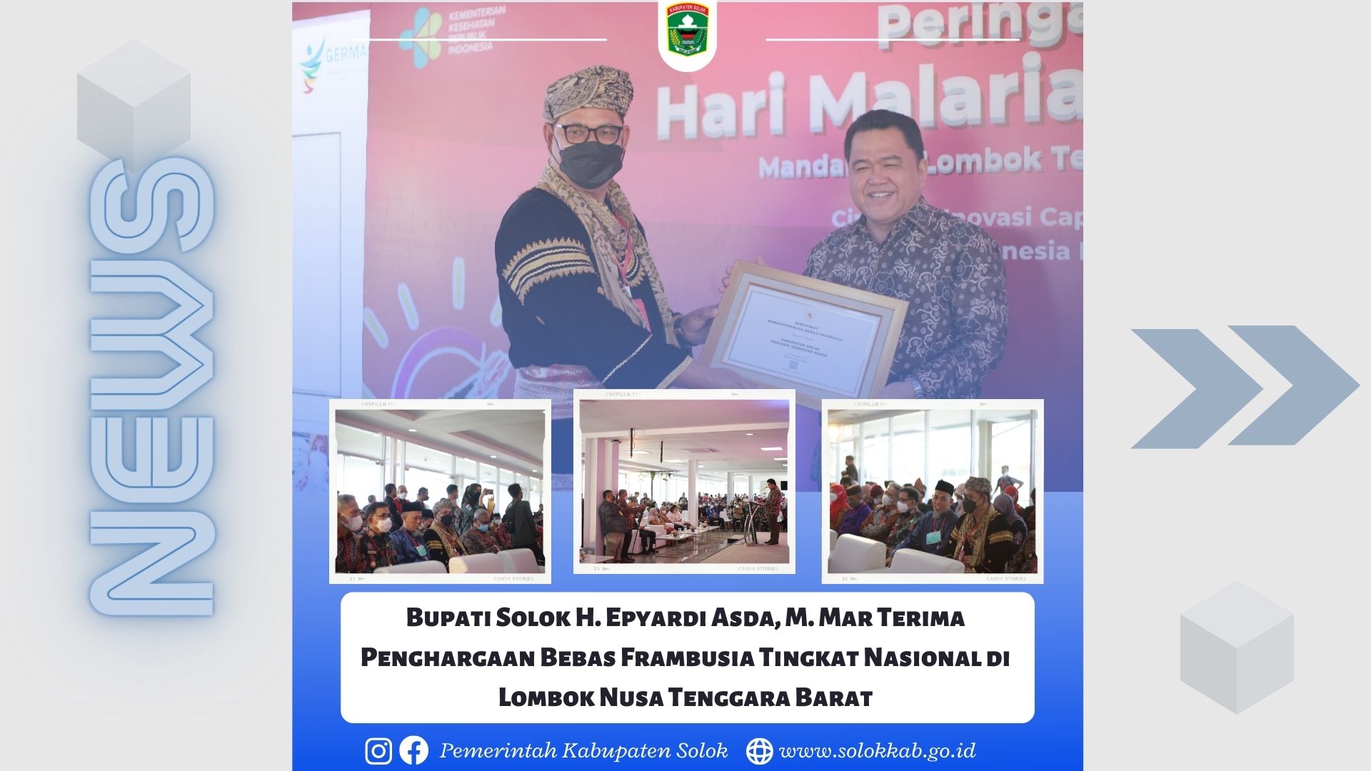 Bupati Solok H. Epyardi Asda, M. Mar Terima Penghargaan Bebas Frambusia Tingkat Nasional di Lombok Nusa Tenggara Barat