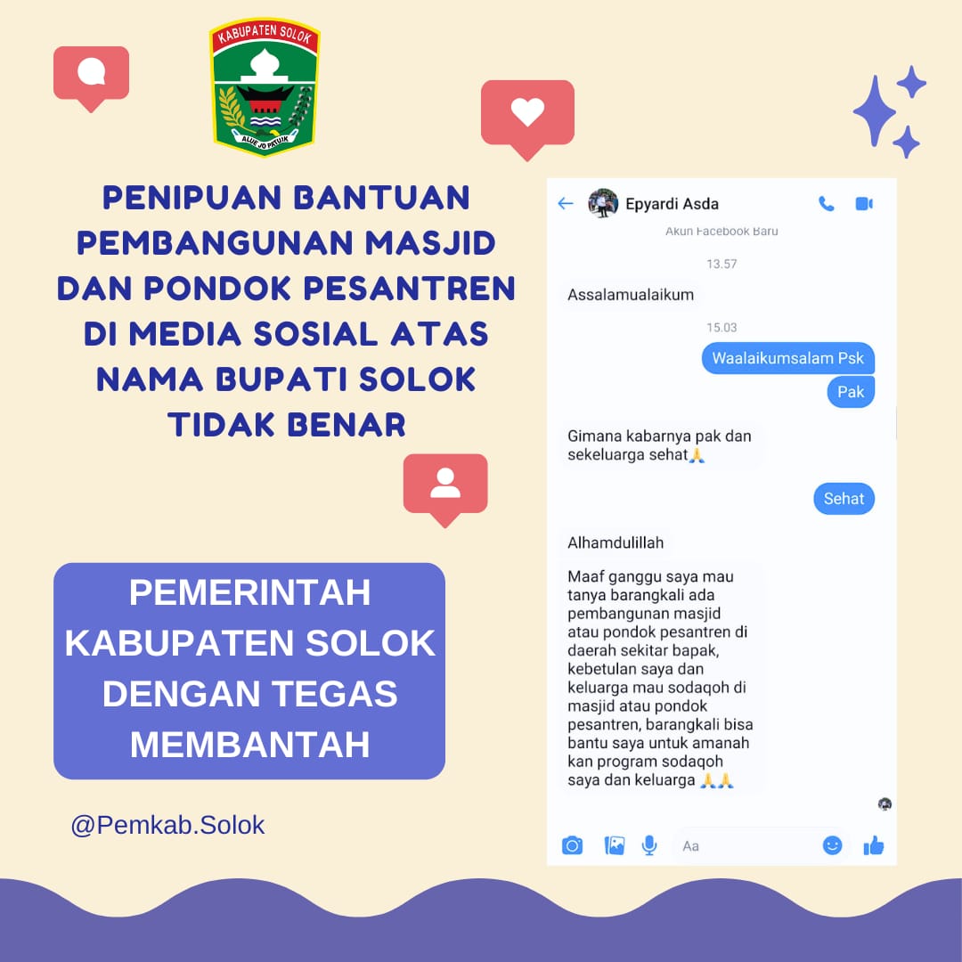 Bupati Solok Epyardi Asda Himbau masyarakat hati-hati dengan Akun Sosial Media yang mengatasnamakan diri Nya.