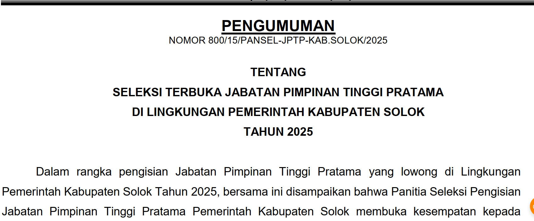 Pengumuman Seleksi Terbuka Jabatan Pimpinan Tinggi Pratama di Lingkungan Pemerintah Kabupaten Solok