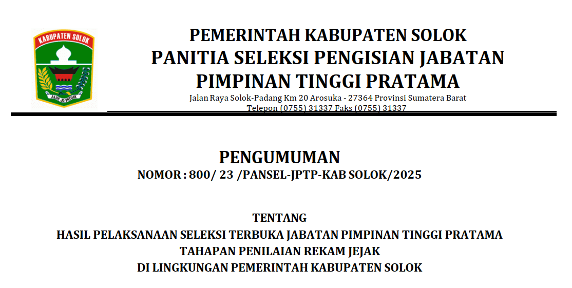 Pengumuman Hasil Pelaksanaan Seleksi Terbuka  Jabatan Pimpinan Tinggi Pratama Tahapan Penilaian Rekam Jejak