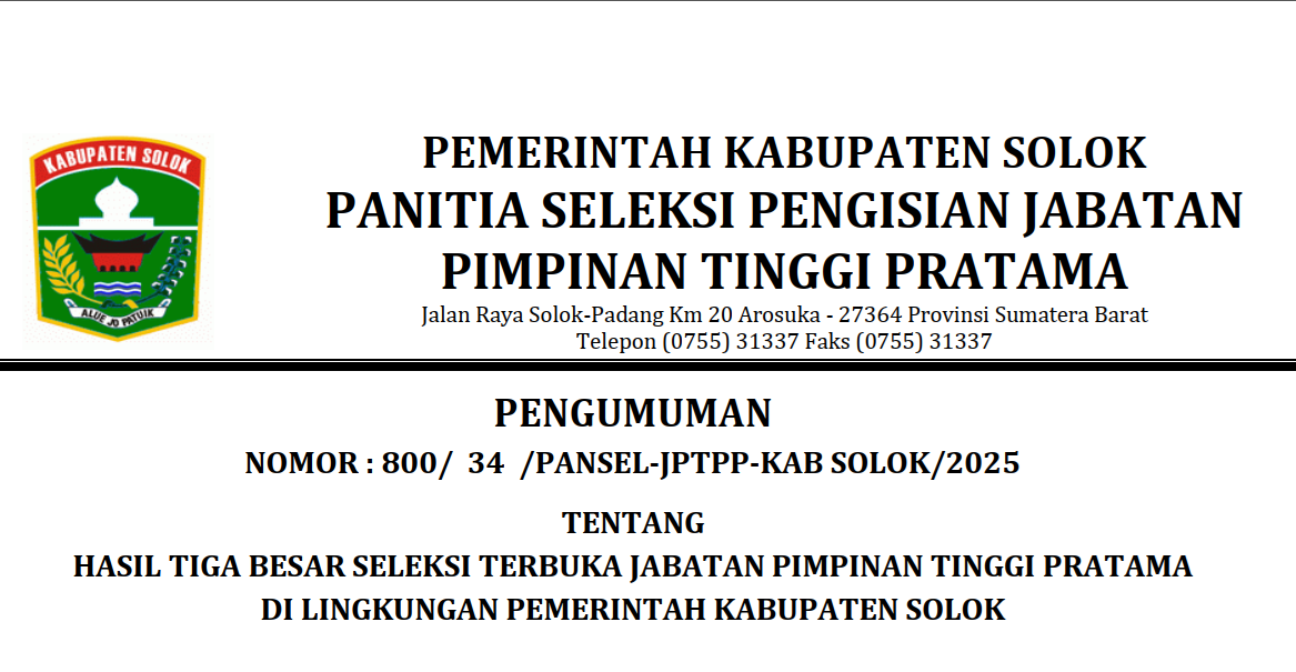 Pengumuman Hasil 3 Besar Seleksi Terbuka  Jabatan Pimpinan Tinggi Pratama Rekomendasi BKN