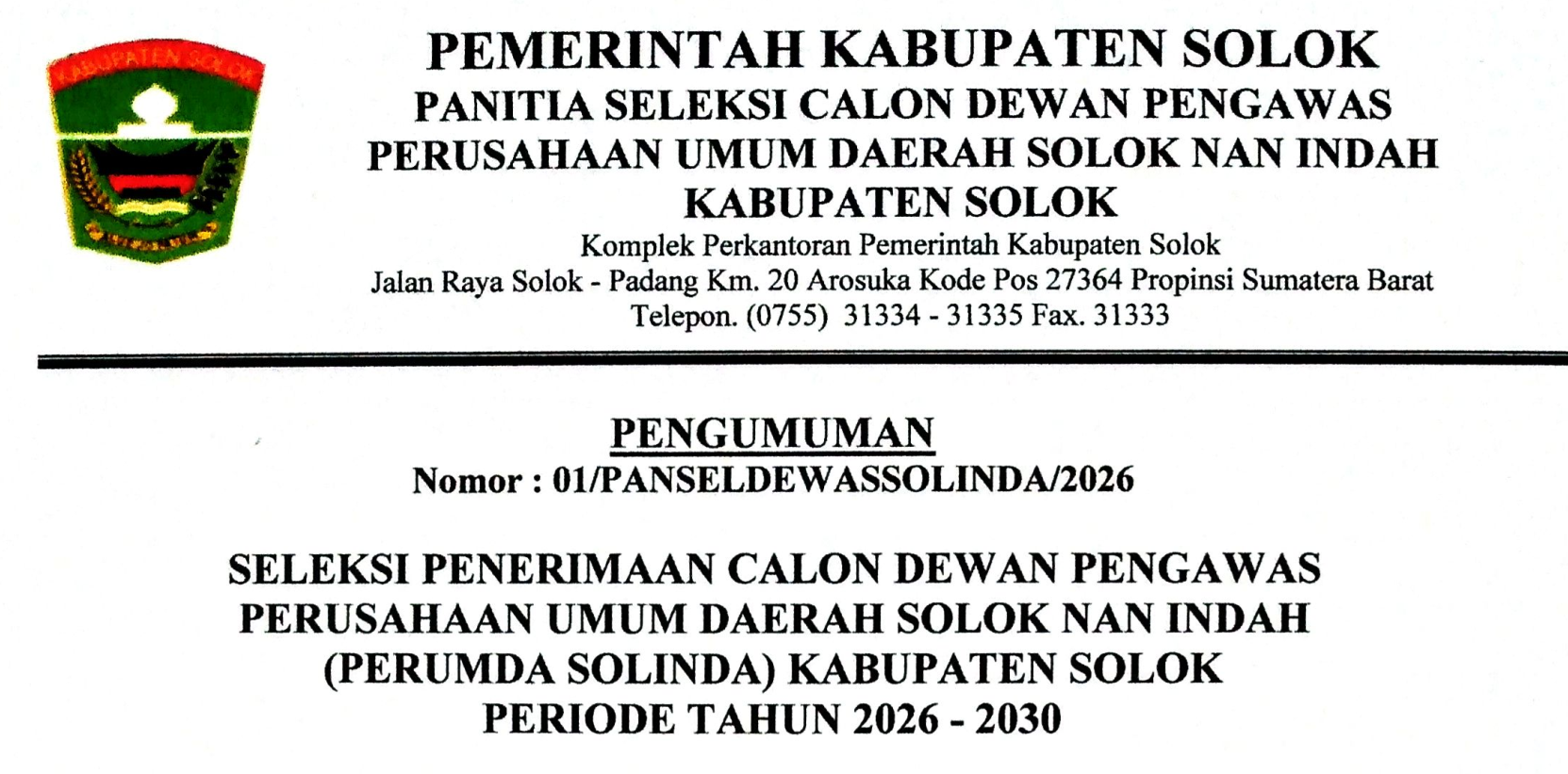 Pengumuman Seleksi Calon Dewan Pengawas Perumda SOLINDA