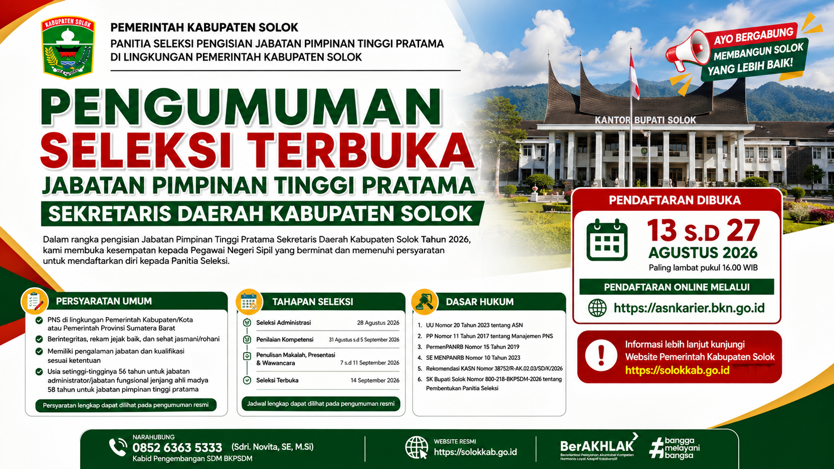 Pemkab Solok Resmi Buka Seleksi Terbuka Jabatan Sekretaris Daerah, Pendaftaran Dibuka 13–27 Agustus 2026
