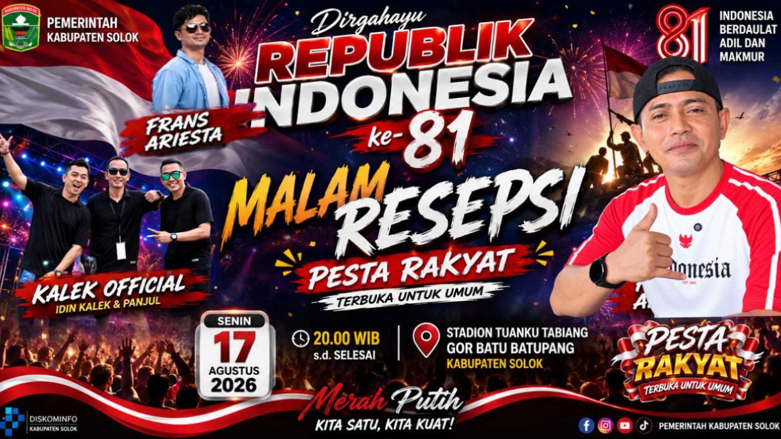 MALAM INI...! RAYOLA, KALEK & FRANS Ariesta  Bakal Mengguncang GOR Batu Batupang di Malam Resepsi HUT RI ke-81 Kabupaten Solok.