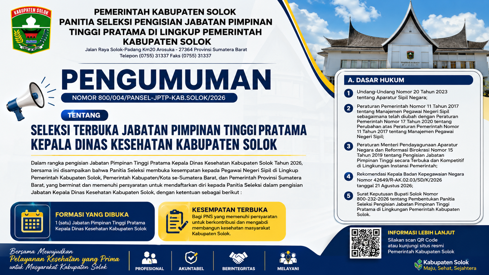 Pemkab Solok Buka Seleksi Terbuka Kepala Dinas Kesehatan, ASN Berkesempatan Ikuti Persaingan