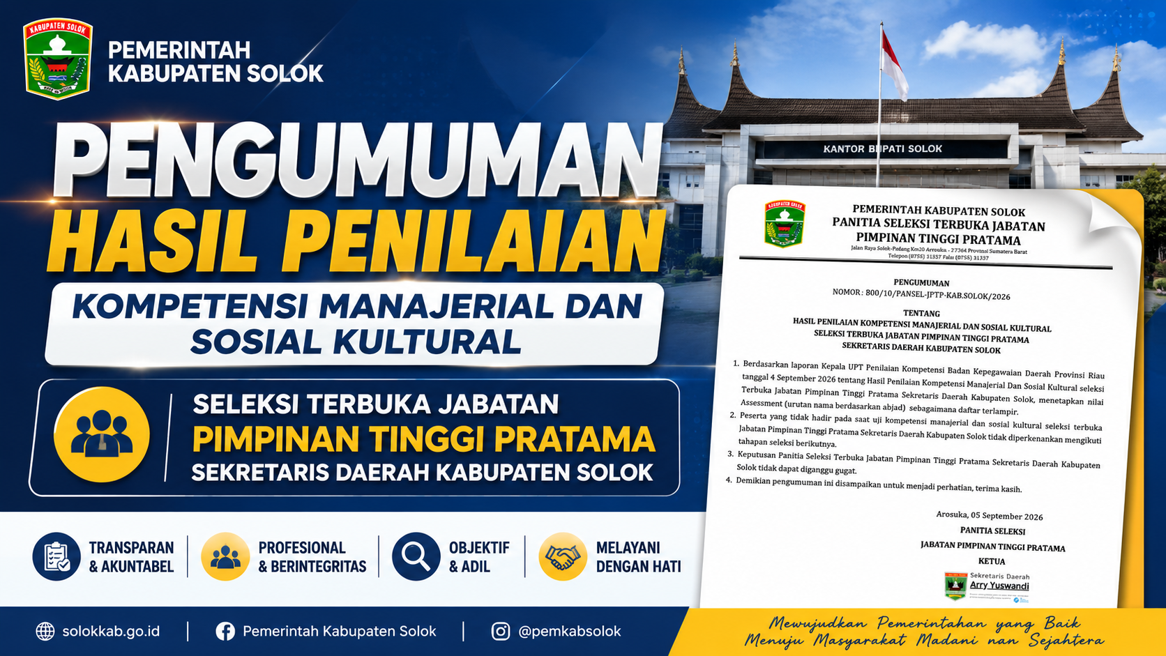 Pemerintah Kabupaten Solok Umumkan Hasil Penilaian Kompetensi Manajerial dan Sosial Kultural Seleksi Terbuka Jabatan Pimpinan Tinggi Pratama Sekretaris Daerah