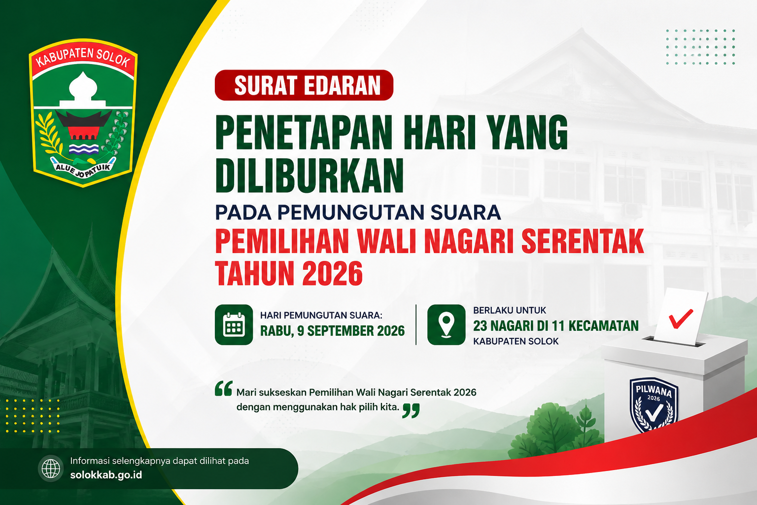 Bupati Solok Tetapkan 9 September 2026 sebagai Hari yang Diliburkan dalam Rangka Pemungutan Suara Pemilihan Wali Nagari Serentak